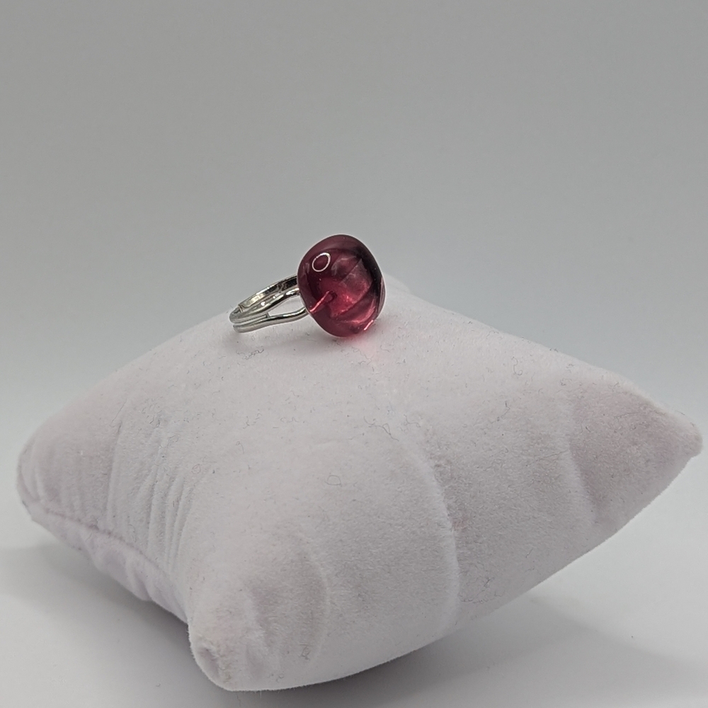 Hand crafted Pink glass stone ring with adjustable silver plated ring base